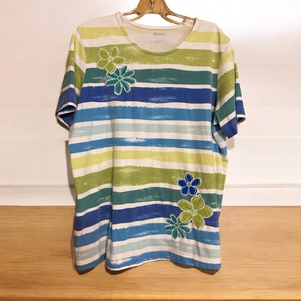 Blair tunic top blues greens stripes floral appliqué cotton poly large